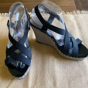 Black Wicker Wedge Heel Open Toe Stretchy Strappy sandals